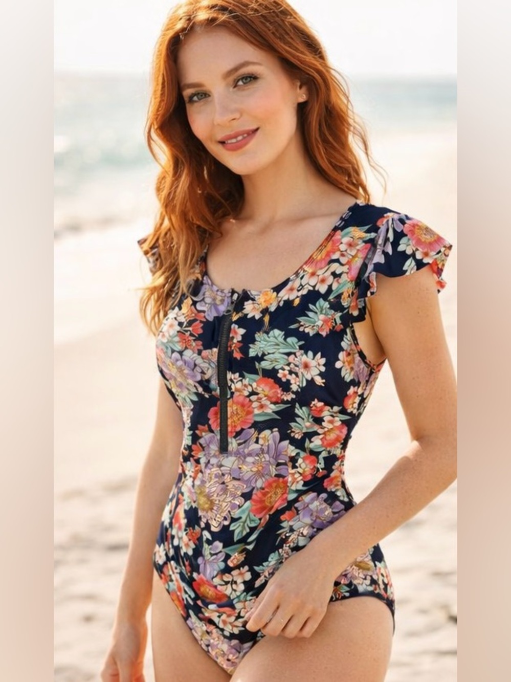 Boho Floral One Piece Swimsuit | Ruffle Sleeve Zip Front | Coastal Resort Swim